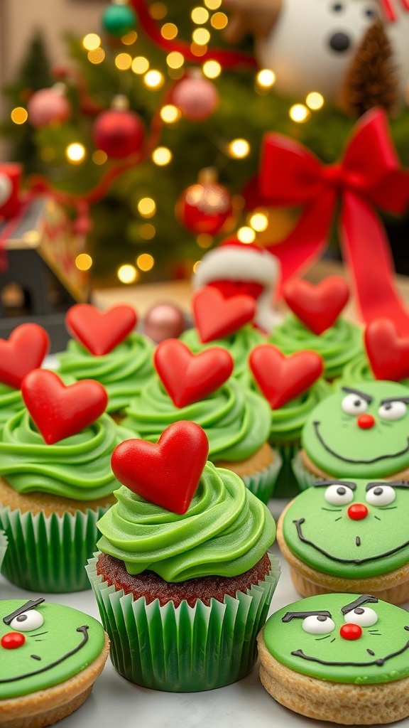 Grinch-Inspired Christmas Treats Grinch-themed Christmas treats including green cupcakes and decorated cookies on a festive table.